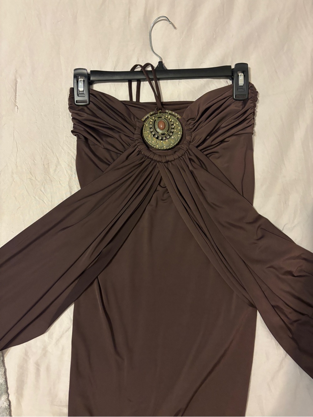 Women's Brown Maxi Dress with Decorative Medallion Waist